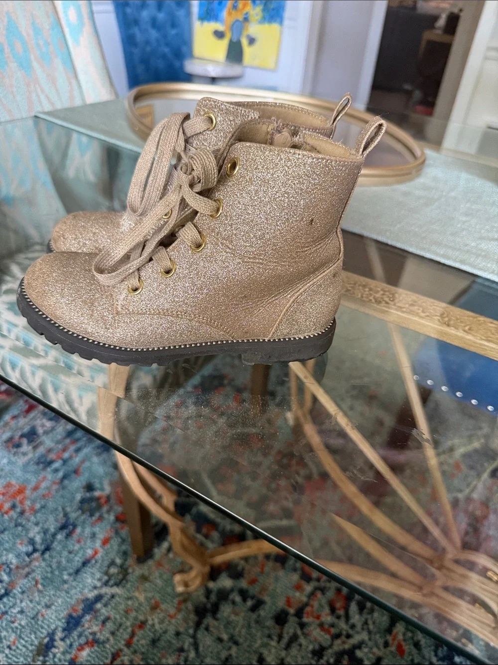 Rachel Zoe Girls Glitter Combat Boots - Champagne Gold
